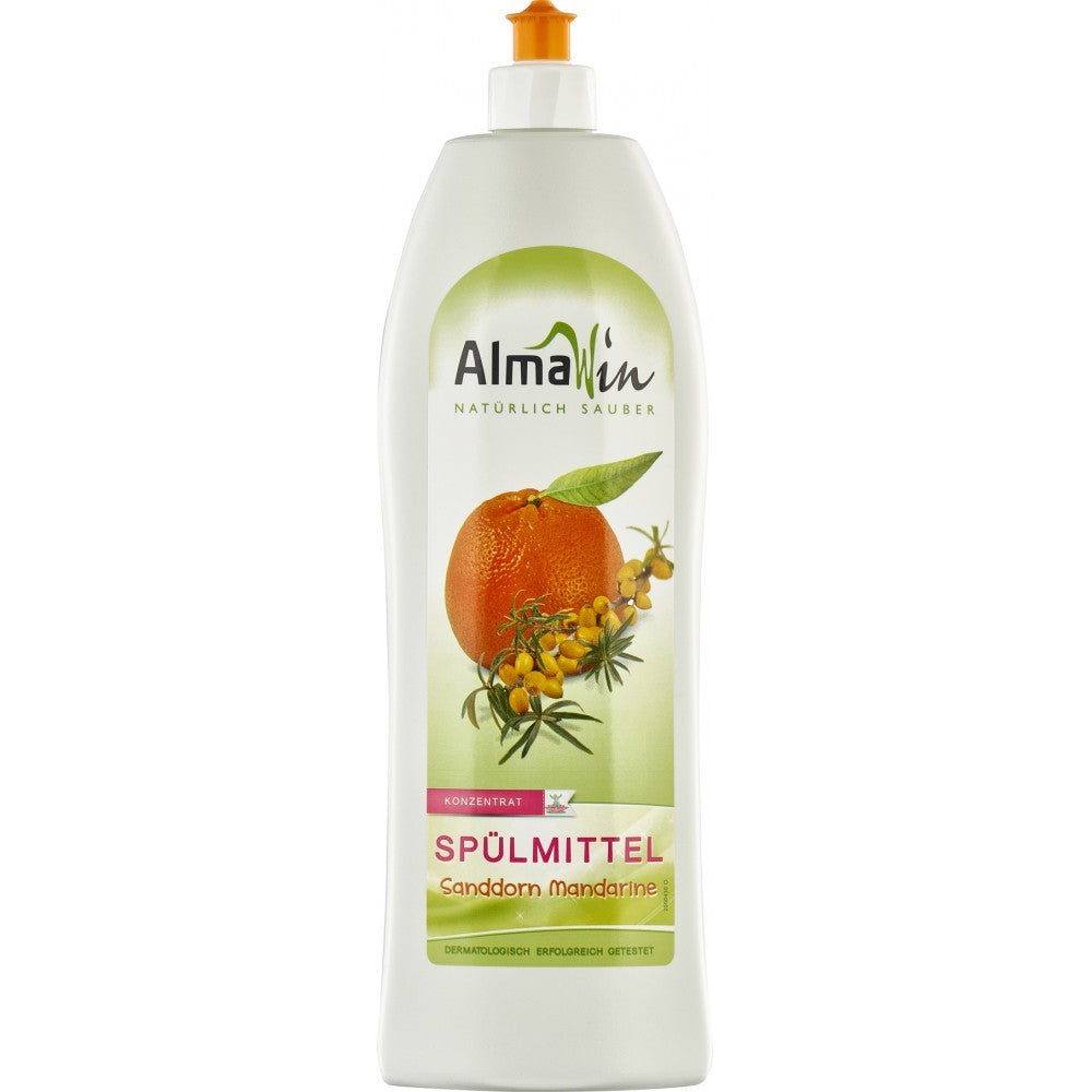 Detergent de vase concentrat AlmaWin cu catina si mandarine 1L, sticla din plastic alb.