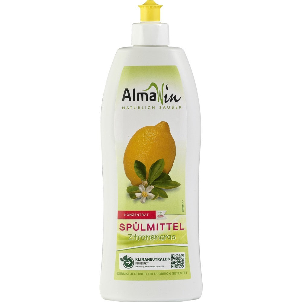 Detergent vase concentrat AlmaWin lămâie, 500ml, sticlă plastic albă, capac galben.