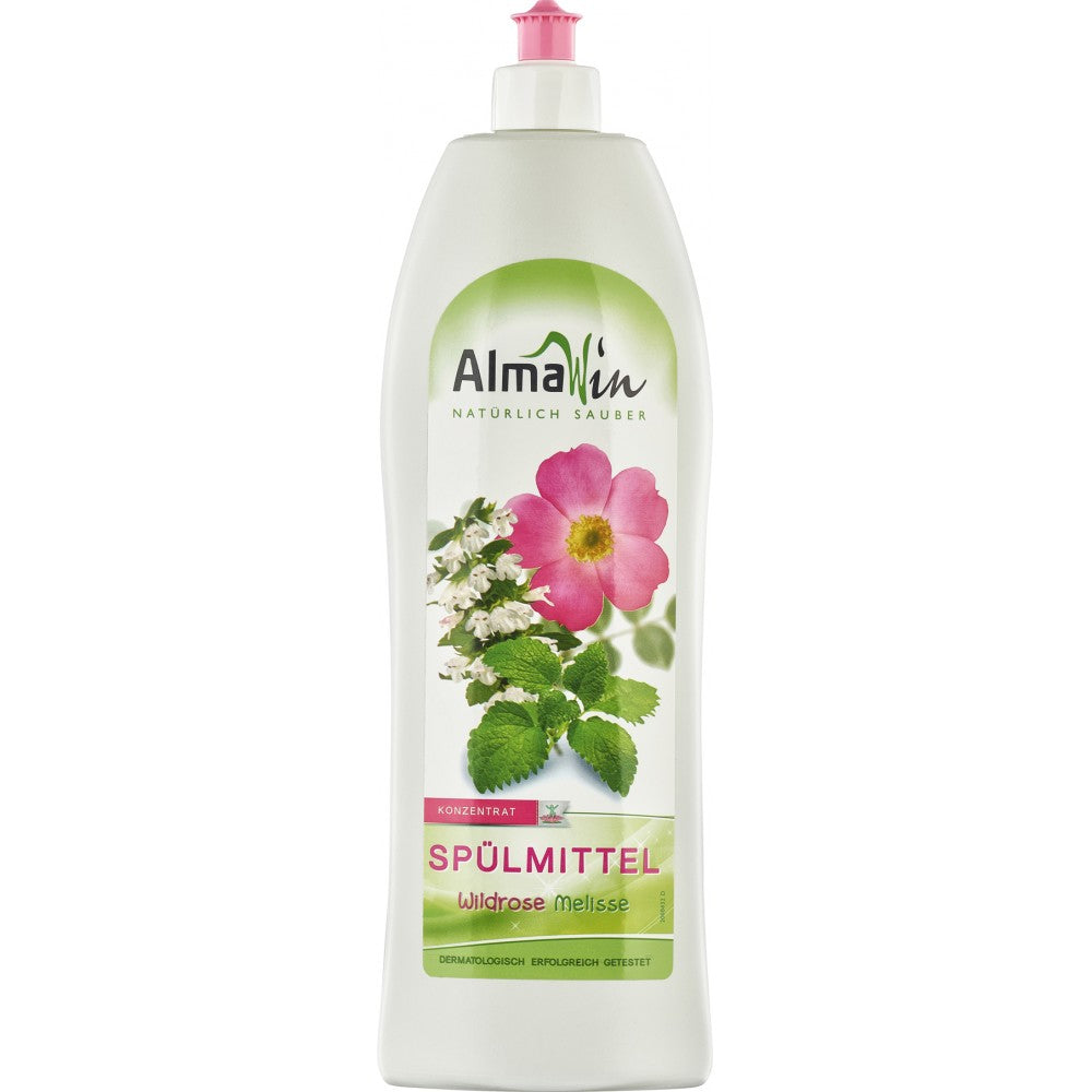 Detergent de vase cu trandafir salbatic și melisa 1L AlmaWin, flacon plastic alb, capac roz.