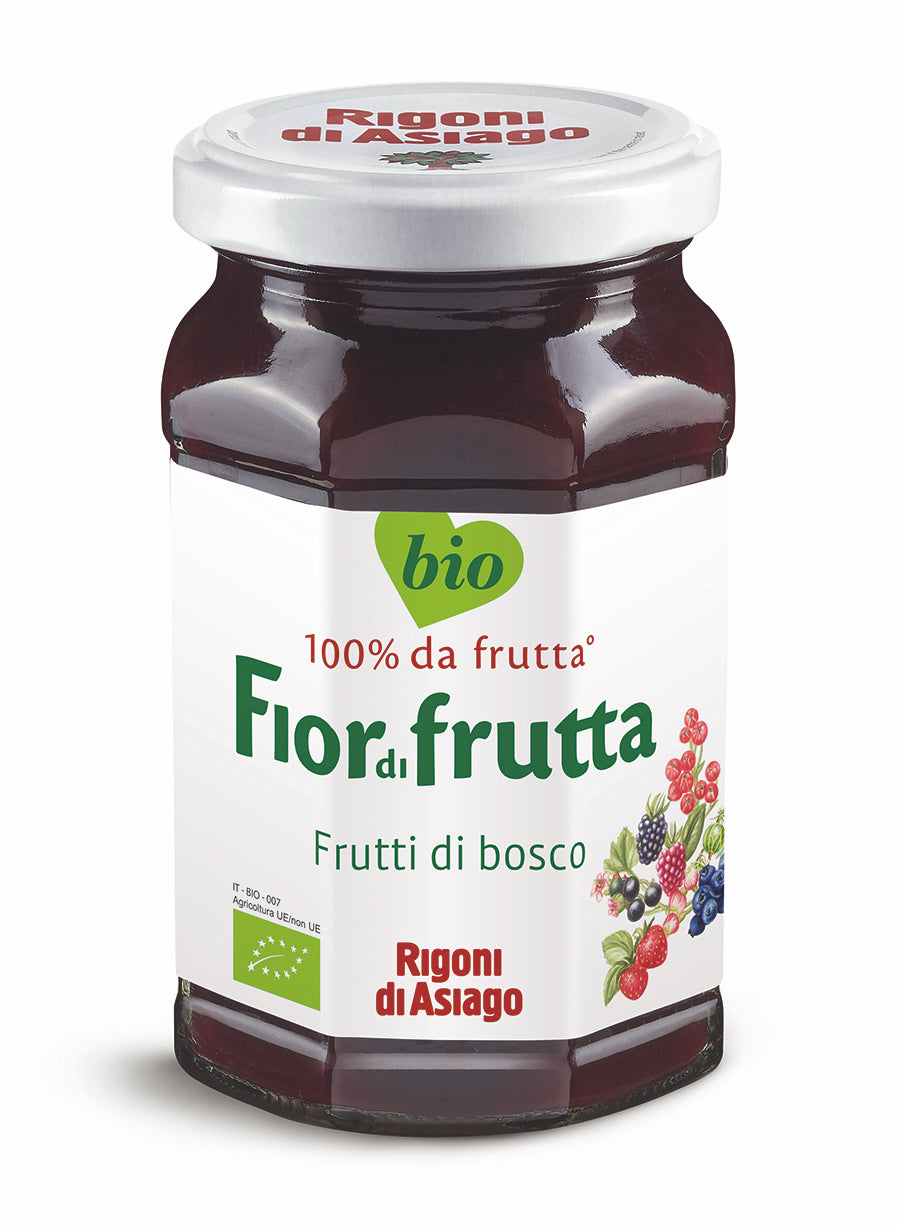 Dulceață bio cu fructe de pădure Rigoni di Asiago în borcan de sticlă de 250g, etichetă albă.