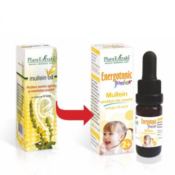 Energotonic junior picături urechi, sticlă 15ml, extract de Lumânărică, cutie albă cu design galben.
