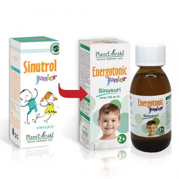 Sticlă maro Energotonic junior Sinusuri 125ml, cutie cu etichetă colorată.