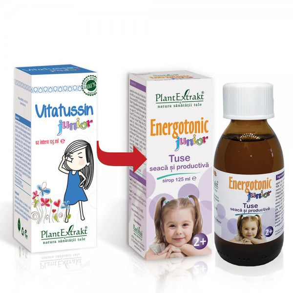 Energotonic junior tuse seacă productivă, sirop 125ml, flacon sticlă, cutie alb-violet, etichetă multicoloră.