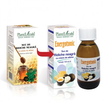Energotonic suc de ridiche neagră 125ml, flacon sticlă maro cu etichetă, ambalaj cu miere și ridiche.