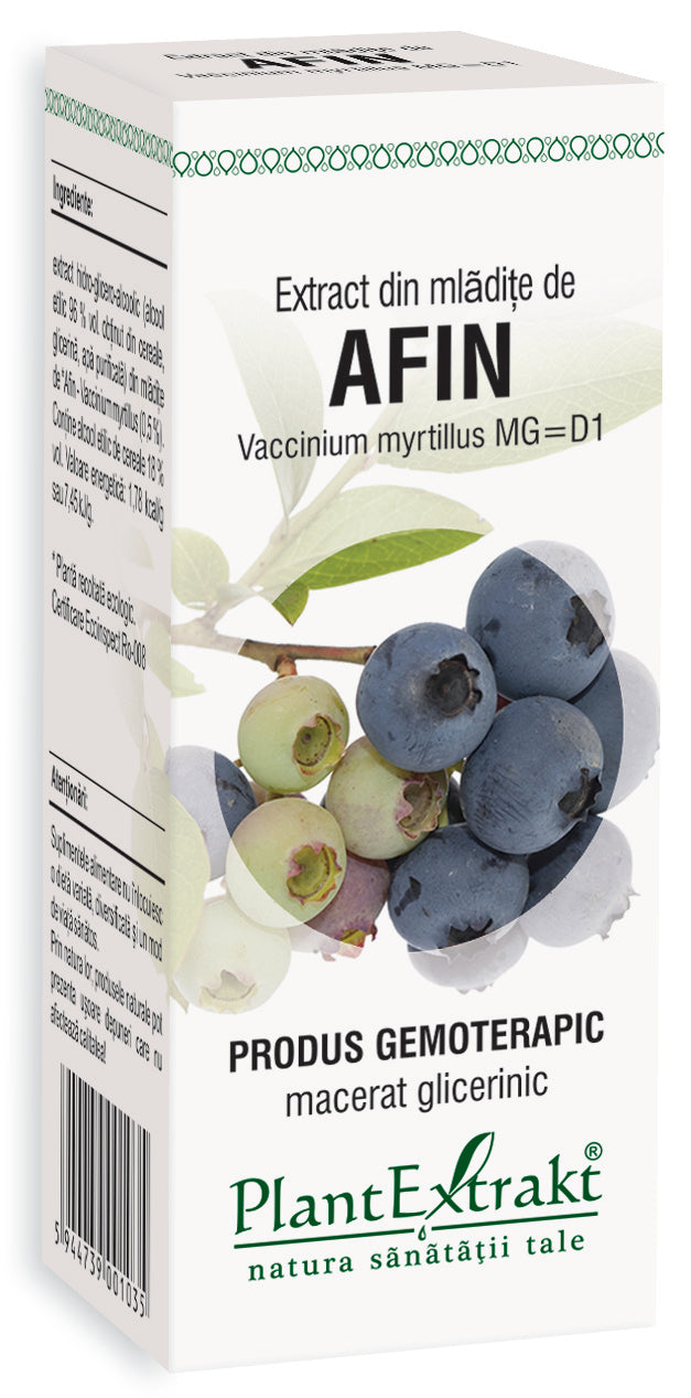 Cutie extract mlădițe de afin 50 ml Plantextrakt, ilustrată cu afine proaspete și detalii despre macerat glicerinic.
