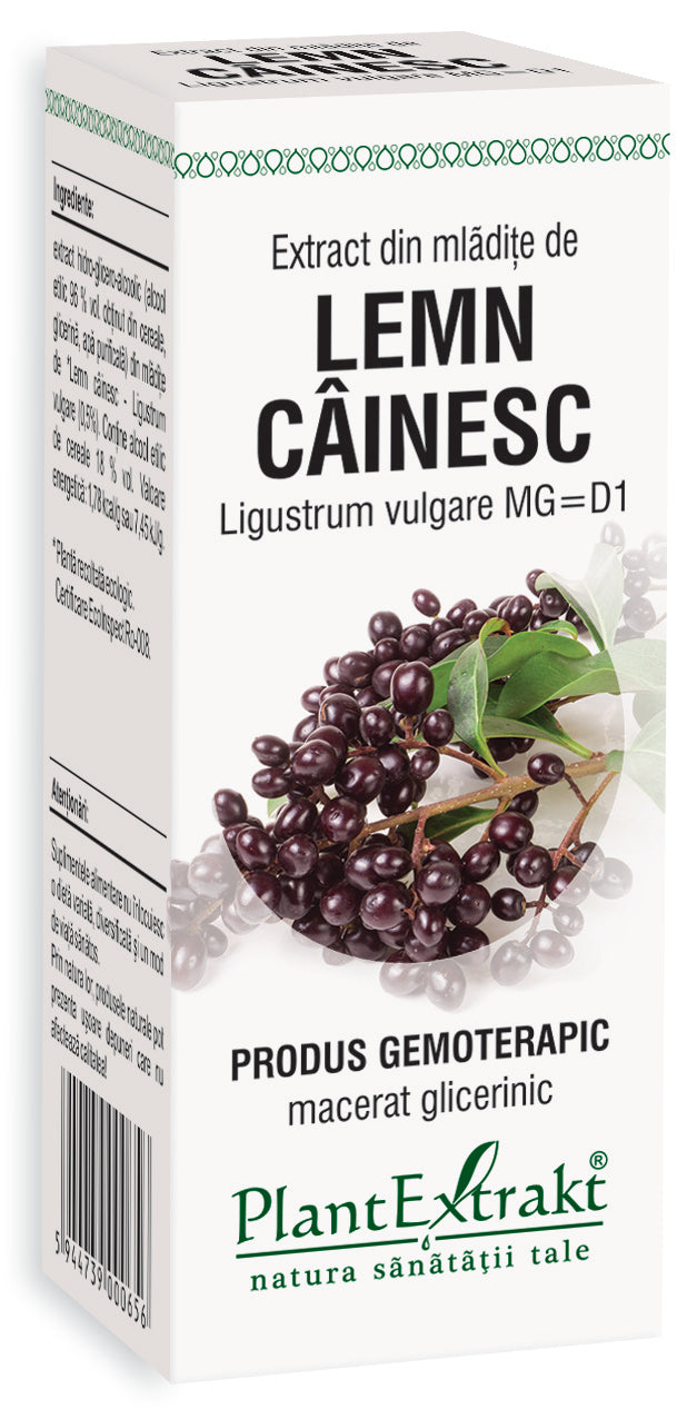 Extract din mlădite de lemn câinesc 50 ml Plantextrakt, macerat glicerinic, ambalaj cu imagine plante verzi.