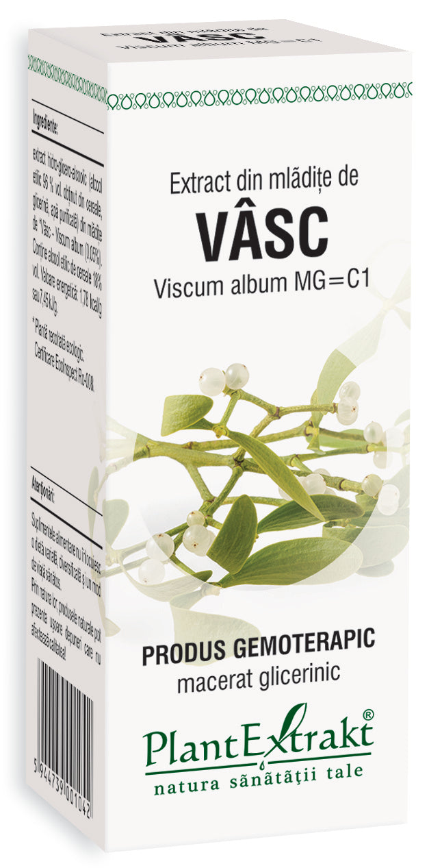 Extract mlădițe vâsc 50 ml PlantExtrakt, cutie albă cu grafică verde și fructe vâsc, produs gemoterapic.