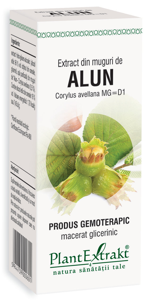 Cutie Extract din muguri de alun, 50 ml, PlantExtrakt, macerat glicerinic, cu imagine alun și text descriptiv.