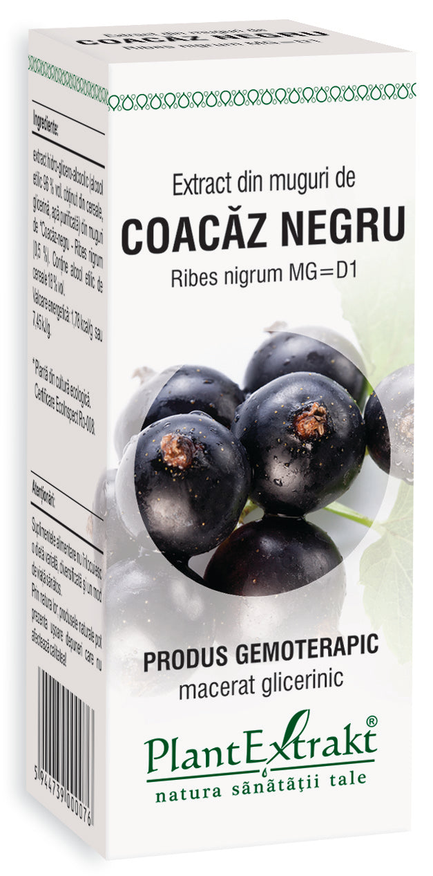 Extract din muguri de coacăz negru 50 ml, flacon PlantExtrakt, etichetă albă cu text negru.