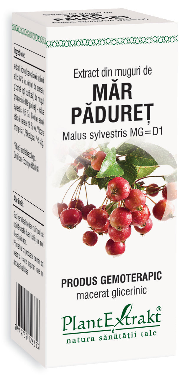 Extract din muguri de măr pădureț, PlantExtrakt, cutie albă cu imagine frunze și mere roșii.