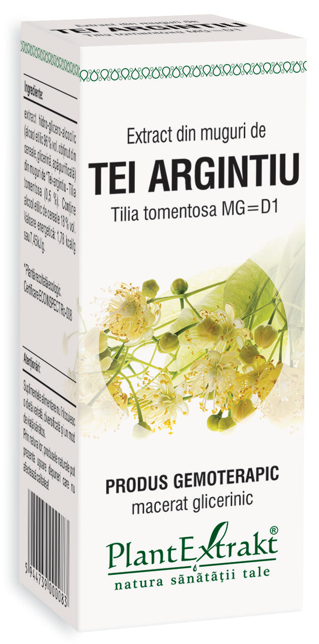 Extract din muguri de tei argintiu Plantextrakt, cutie albă, 50 ml, cu flori de tei ilustrate.