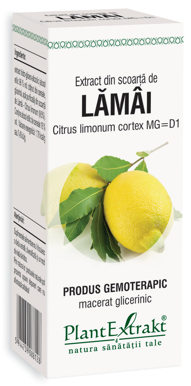 Cutie albă produs PlantExtrakt, extract scoarță lămâi 50 ml, imagine cu lămâie și frunze verzi.