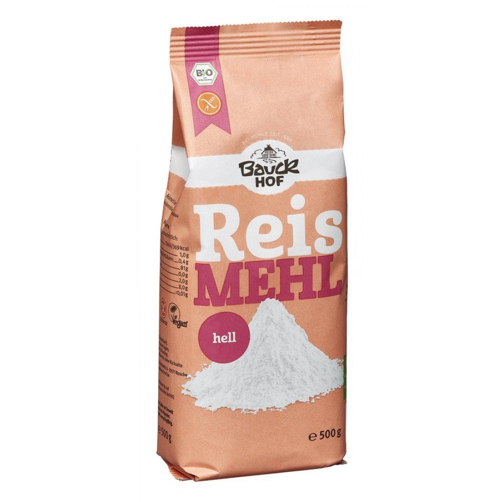 Făină albă de orez bio fără gluten 500g BauckHof ambalaj maro.