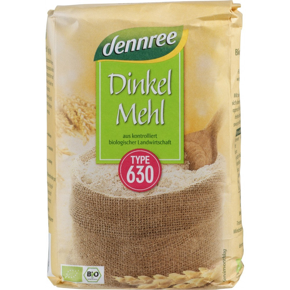 Făină bio de spelta Dennree tip 630, ambalaj 1kg bej, etichetă verde.
