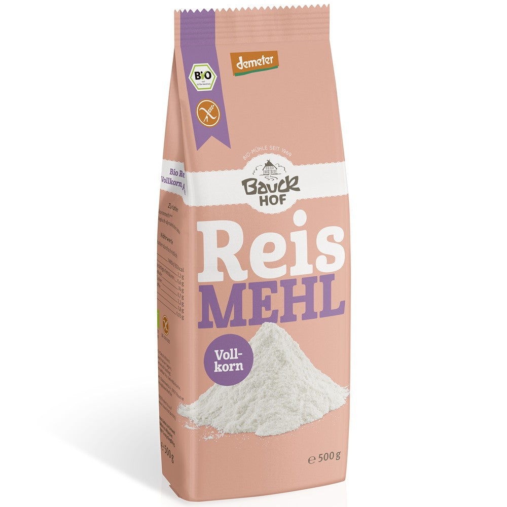 Făină integrală de orez fără gluten 500g BauckHof, ambalaj roz.