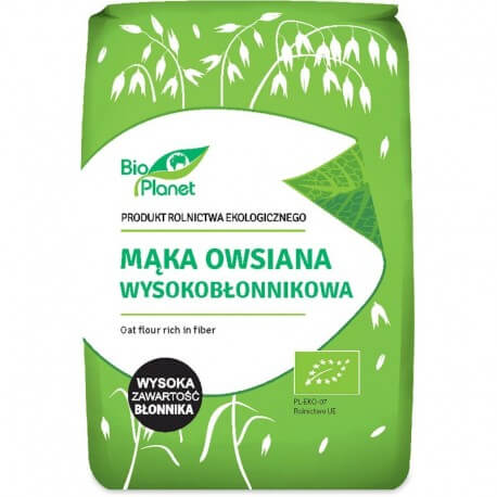 Făină de ovăz ecologică Bio Planet 1kg ambalaj verde alb cu grafică ovăz.