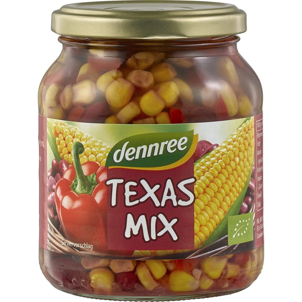 Fasole bio Texas Mix Dennree 350g, boabe colorate, conservă.