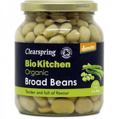 Fasole Bob Lat Clearspring Bio Kitchen 350g, borcan sticlă, etichetă verde, eco Demeter.