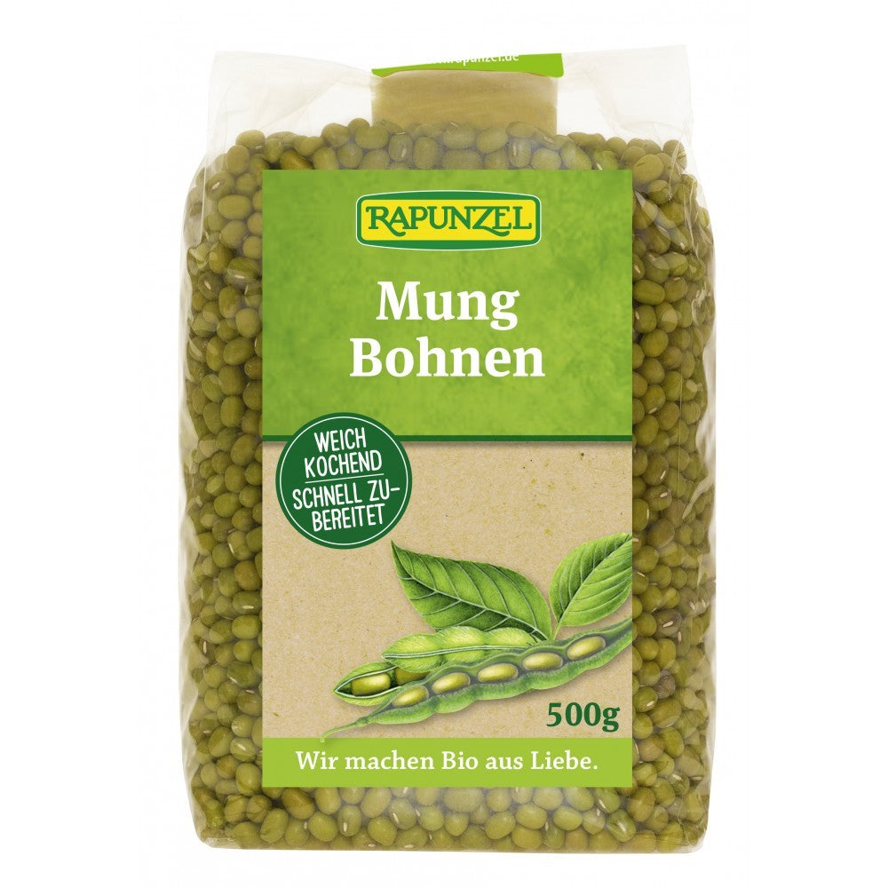 Fasole mung bio Rapunzel 500g, pachet verde cu boabe verzi, etichetă eco.