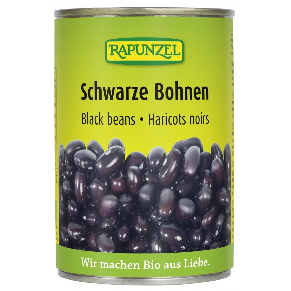Conservă 400g fasole neagră bio Rapunzel, etichetă verde, boabe negre lucioase.
