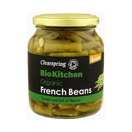 Borcan Clearspring cu fasole verde eco Demeter 340g, etichetă neagră cu verde.