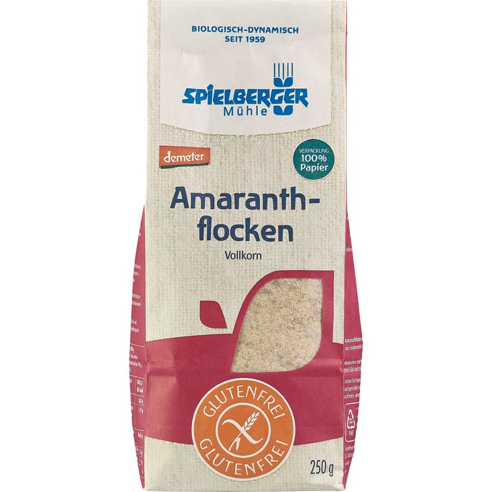 Fulgi de amarant integrali bio Spielberger, ambalaj roșu cu detalii albe, 250g, fără gluten.