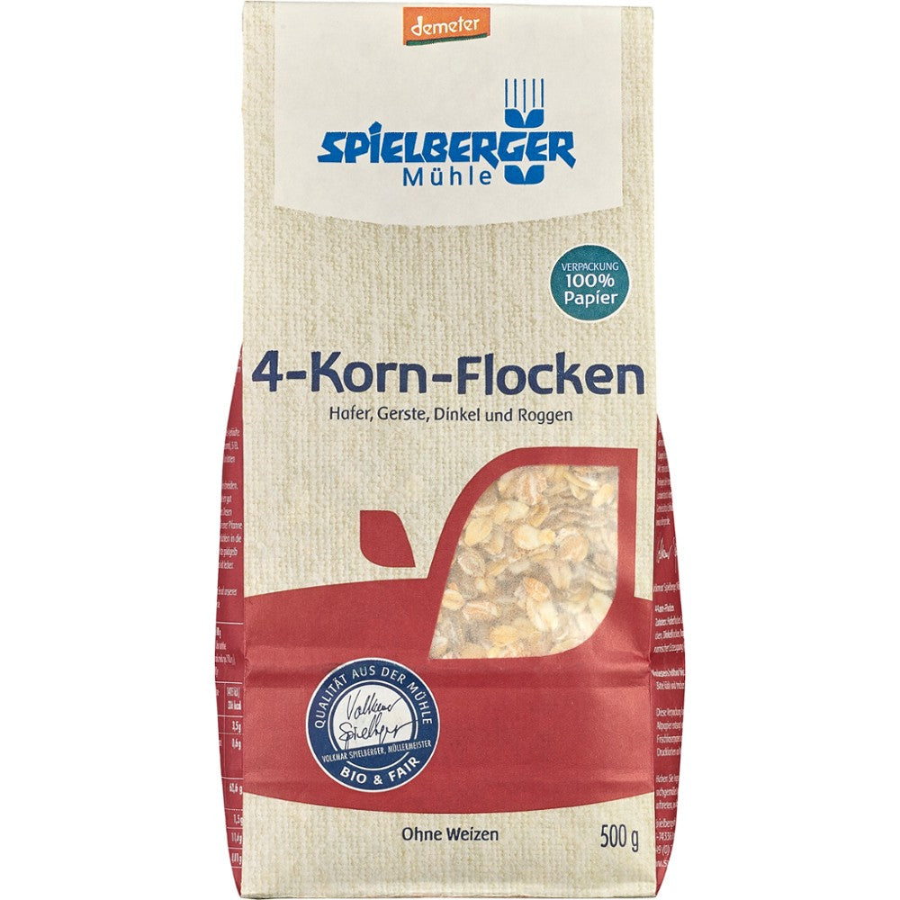 Pachet fulgi bio 4 cereale integrale Spielberger, 500g, hârtie maro, produs ecologic.