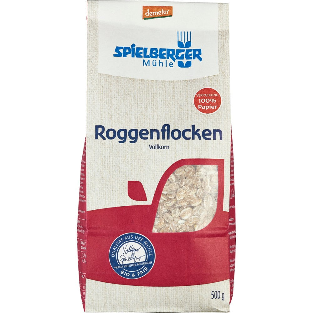 Fulgi bio de secara integrali Demeter Spielberger 500g, ambalaj roșu-alb, fără plastic.