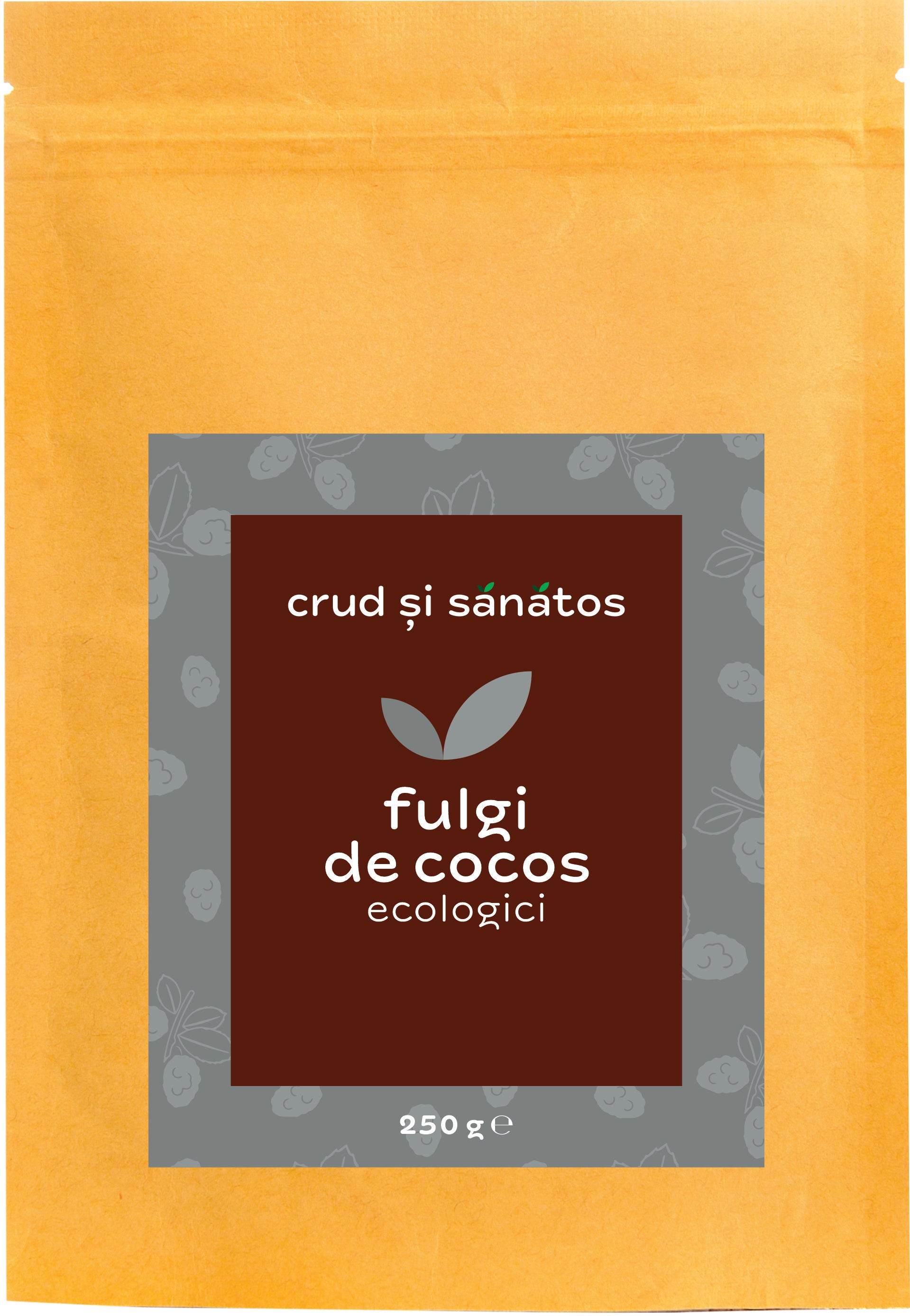 Fulgi de cocos raw, bio, 250g, ambalaj maro și portocaliu, etichetă ecologică