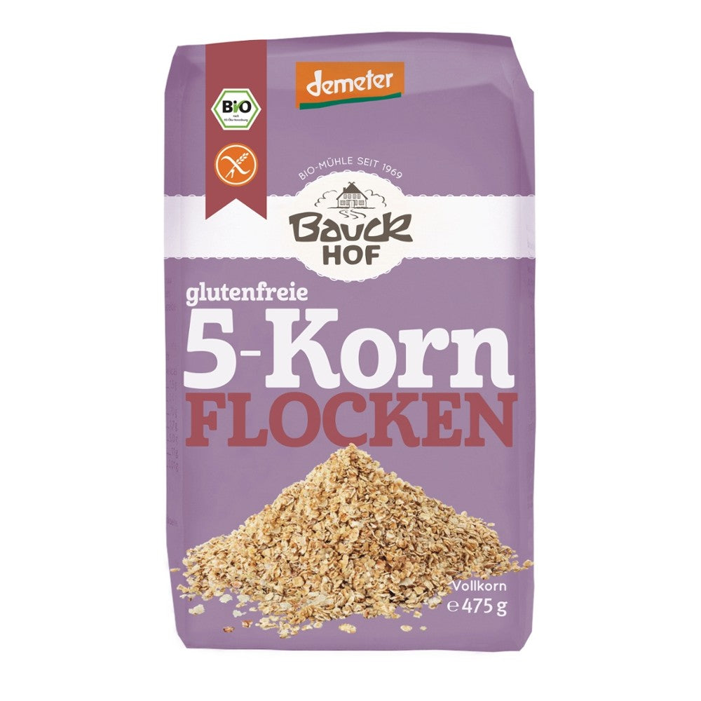Fulgi din 5 cereale fără gluten BauckHof 475g, ambalaj mov cu sigle bio și demeter.