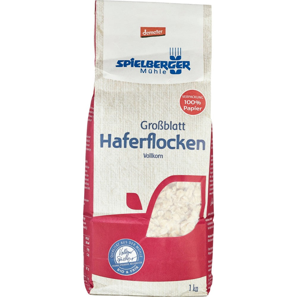 Pachet 1kg Fulgi mari de ovăz integral bio Demeter Spielberger, hârtie 100% reciclabilă.