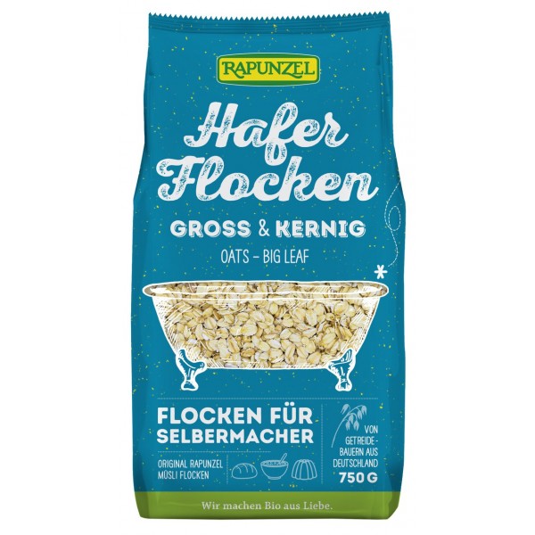 Fulgi mari de ovăz Rapunzel 750g, pachet albastru, organic, sursă de proteine și fibre, 100% cereale integrale.