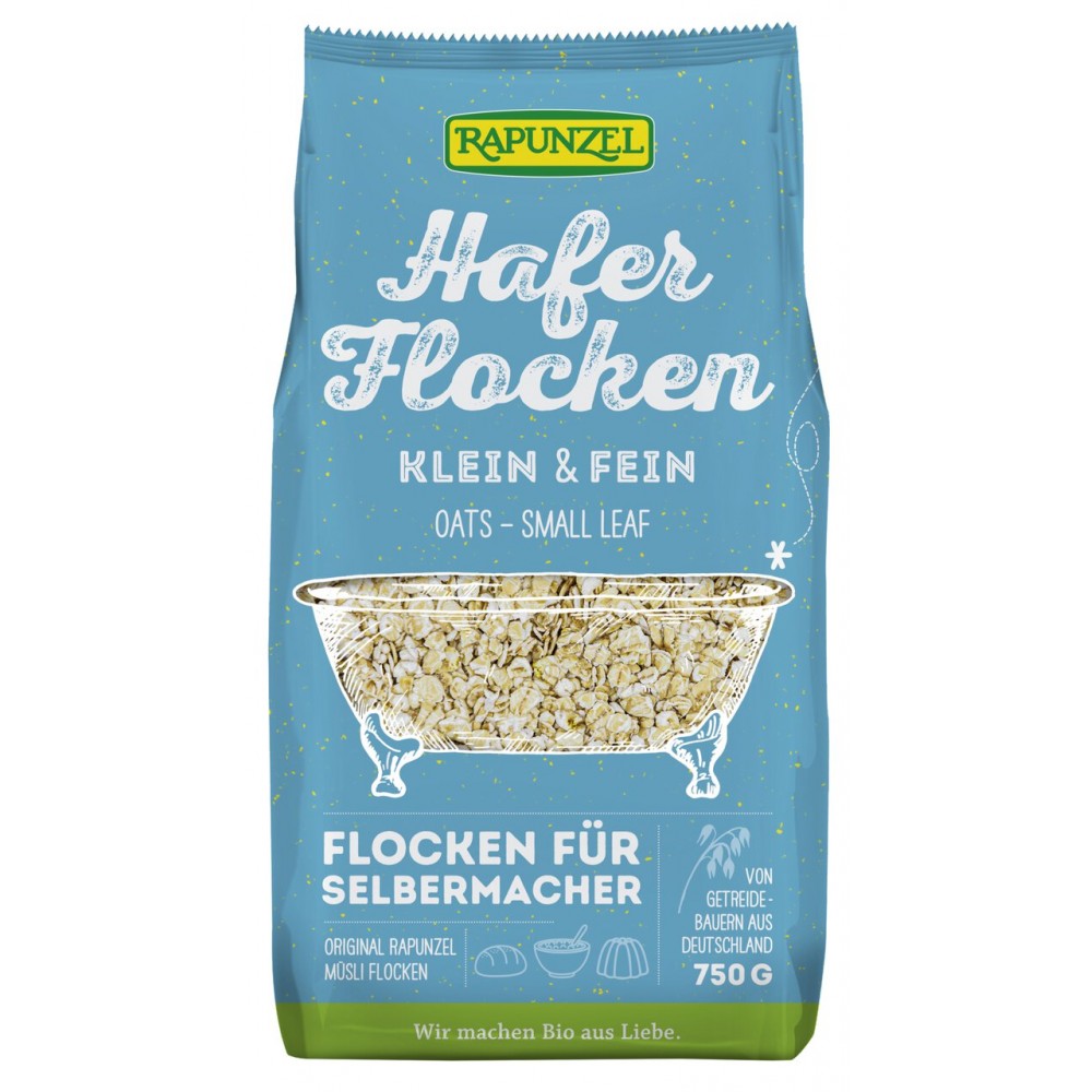 Pachet albastru fulgi ovăz Rapunzel 750g, organic, text german.