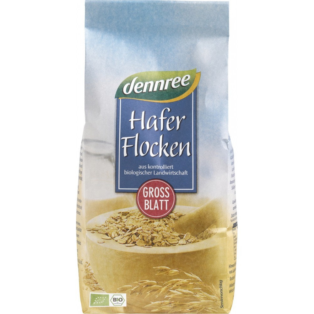 Fulgi de ovăz mari bio Dennree 500g, ambalaj albastru și crem, etichetă germană.