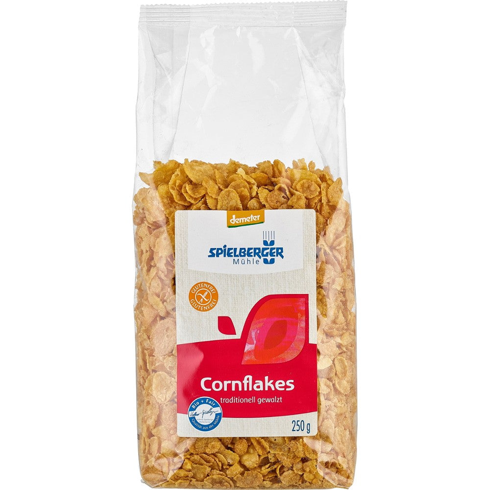 Fulgi de porumb bio fără gluten 250g Demeter Spielberger în ambalaj transparent.
