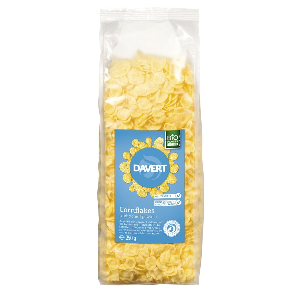 Fulgi de porumb bio fără gluten 250g DAVERT în ambalaj transparent cu etichetă albastră.