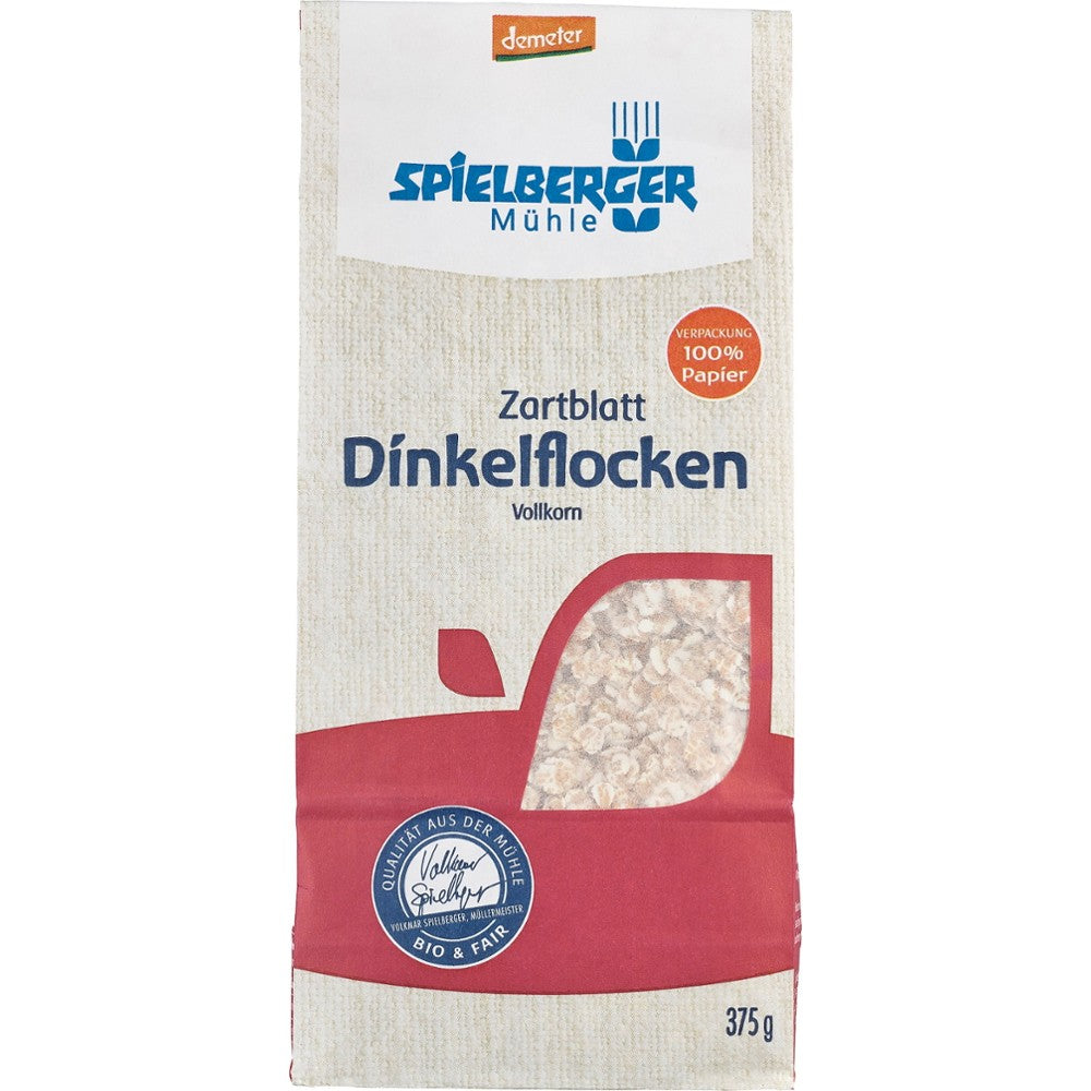 Fulgi de spelta integrali DEMETER 375g Spielberger, ambalaj carton 100% reciclabil.