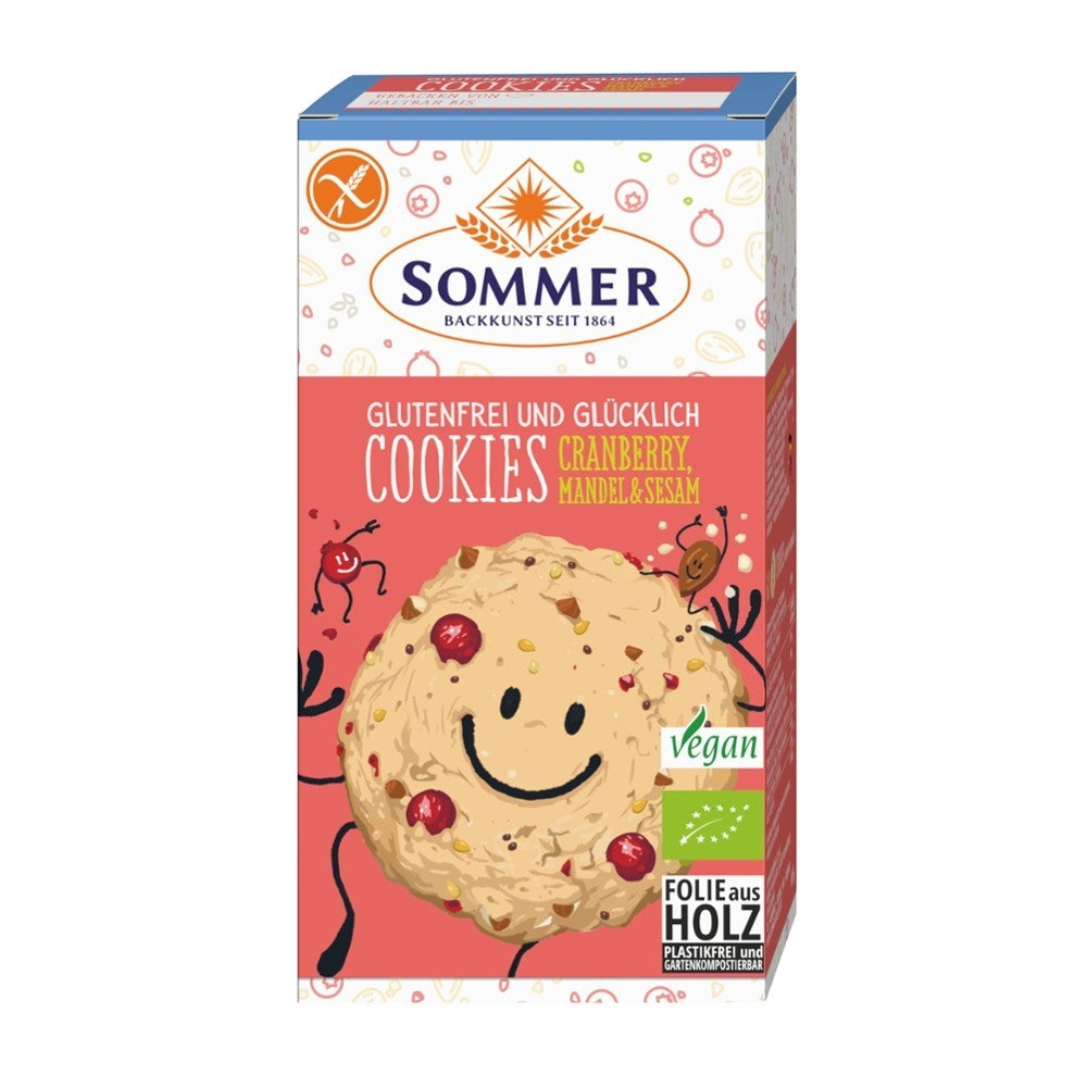 Fursecuri cu merisor si migdale fara gluten, 125g, sommer-coBiscuiti bio fara gluten cu merisor, migdale, susan si chia, 125 g sommer