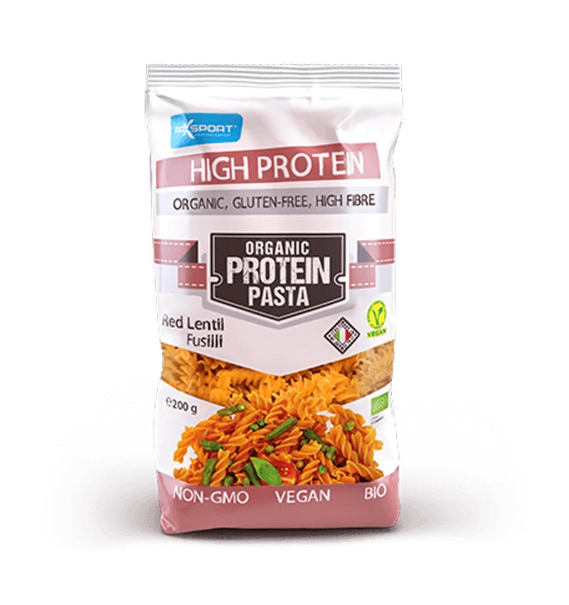 Fusilli bio din linte roșie, pachet alb roz, fără gluten, 200g, maxsport.