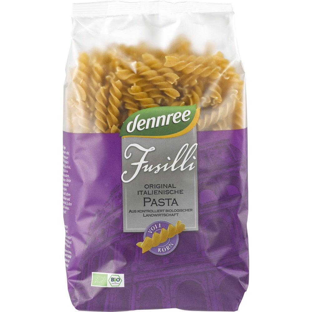 Fusilli din grâu dur integral bio Dennree 500g în ambalaj mov cu etichetă albă.