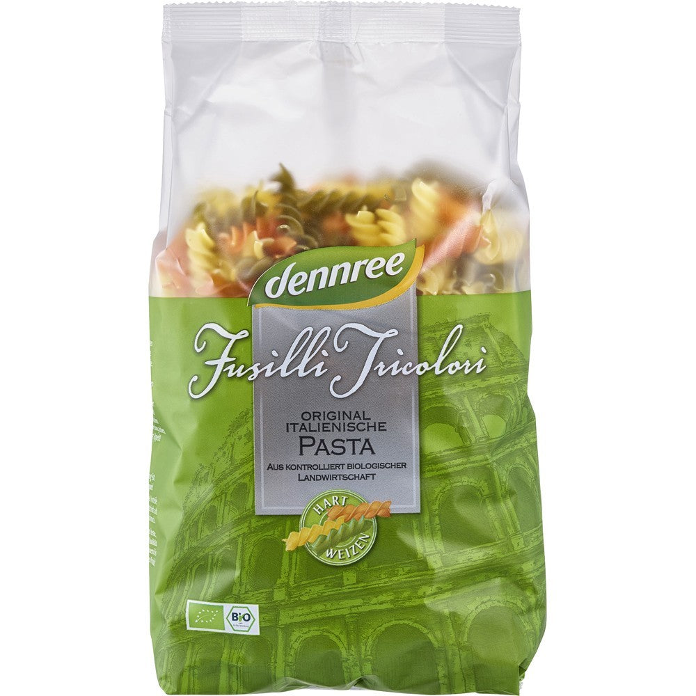 Fusilli tricolore ecologice 500g Dennree, culori naturale, ambalaj verde.