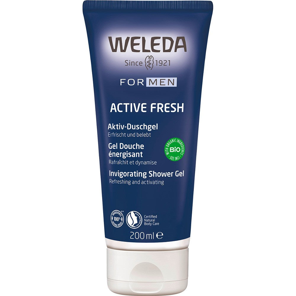 Gel de duș Weleda Men 200ml, ambalaj albastru cu text alb, formulă naturală.