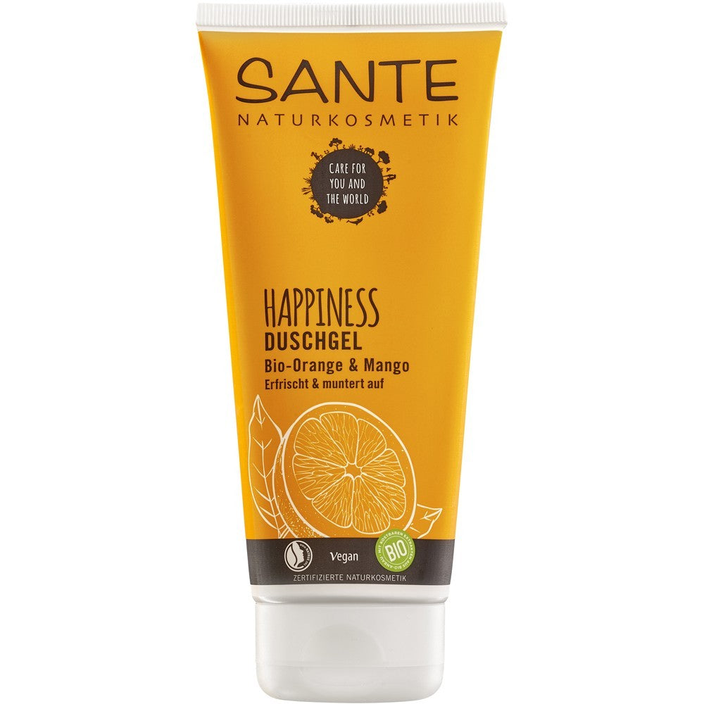 Gel de duș Happiness Sante 200ml, portocală și mango bio, ambalaj galben.