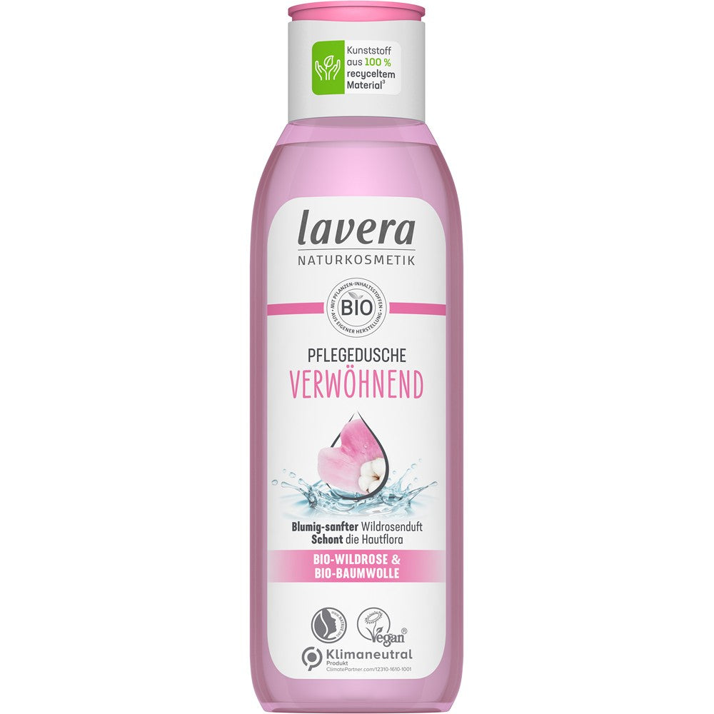 Gel de duș Lavera 250ml, cu trandafir sălbatic, bumbac bio, flacon roz, vegan, neutral climatic.