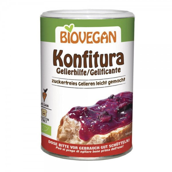 Gelifiant fără gluten bio Biovegan 145g, ambalaj verde, imagine gem pe pâine.