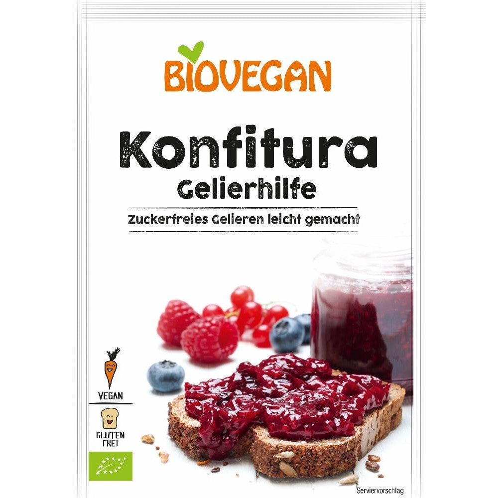 Gelifiant fără gluten Biovegan 22g, imagine cu fructe, pâine cu gem roșu, ambalaj alb.