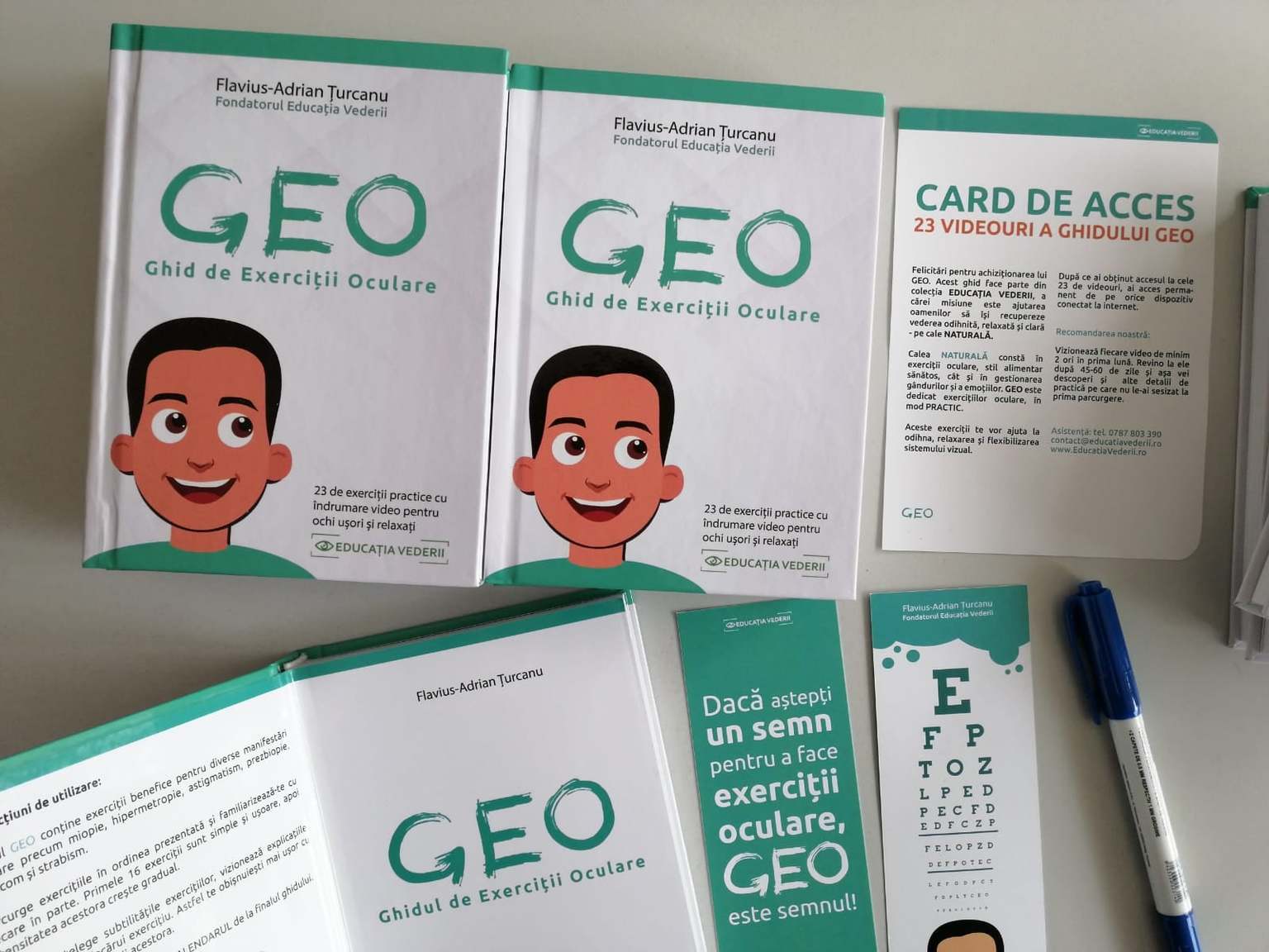 Broșură Geo-Ghid Exerciții Oculare, copertă albă și verde cu ilustrație față, include card acces video.