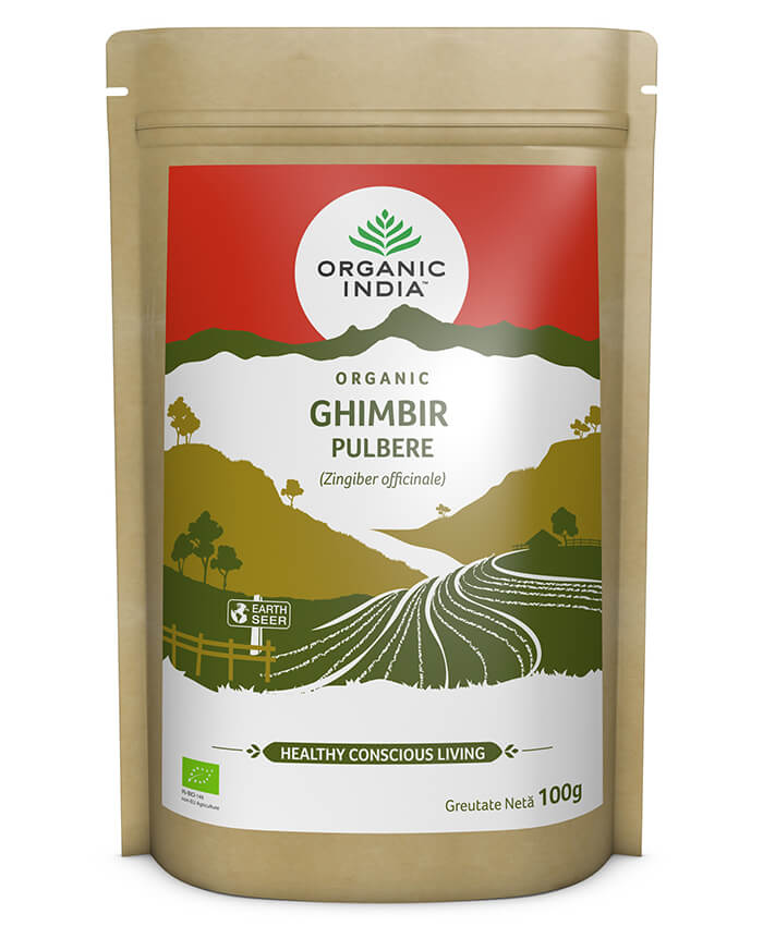 Ghimbir pulbere bio Organic India, ambalaj 100g, fără gluten, certificat organic, etichetă verde și roșie.