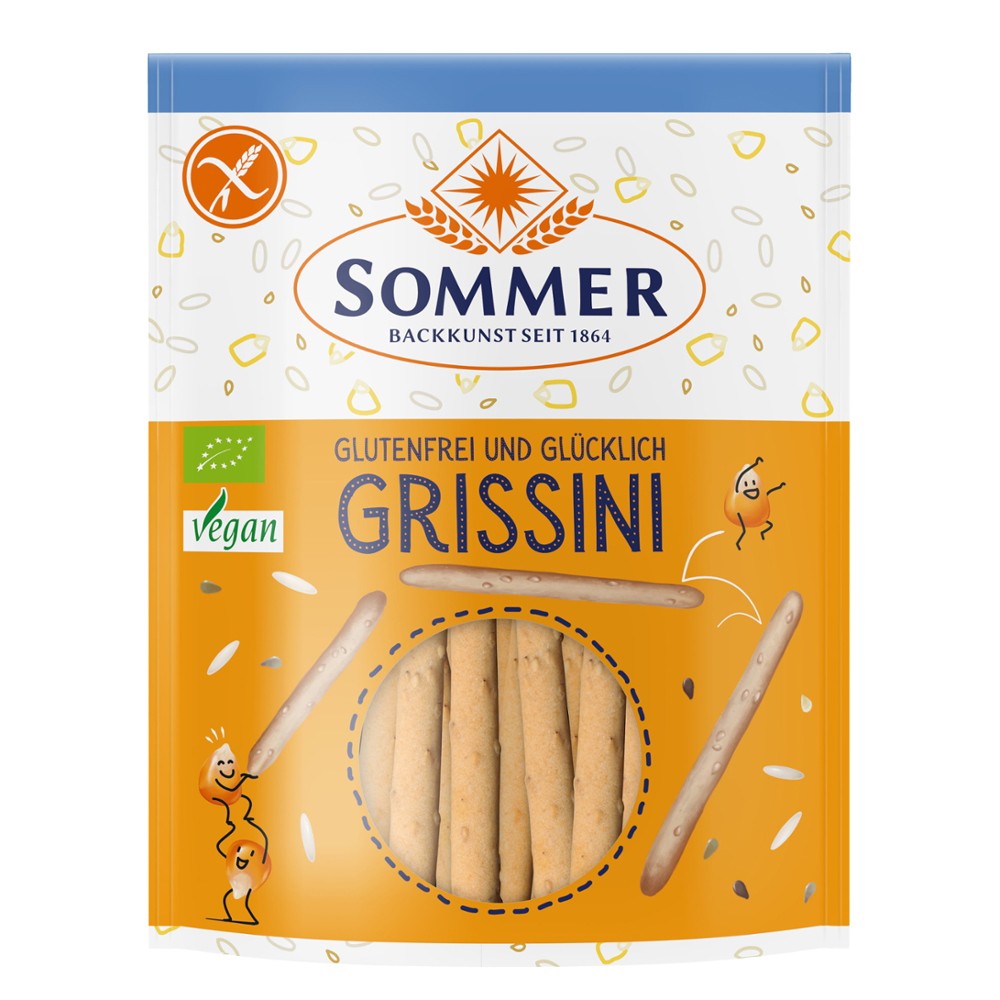 Grissini ecologice fără gluten, 100g Sommer, pachet portocaliu și albastru cu ilustrații.