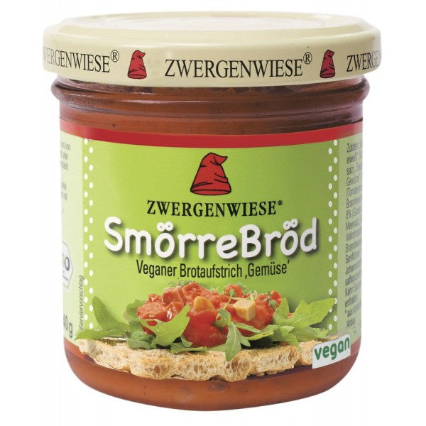 Gustare bio cu legume Zwergenwiese, borcan 140g, etichetă verde, fără gluten, vegan.